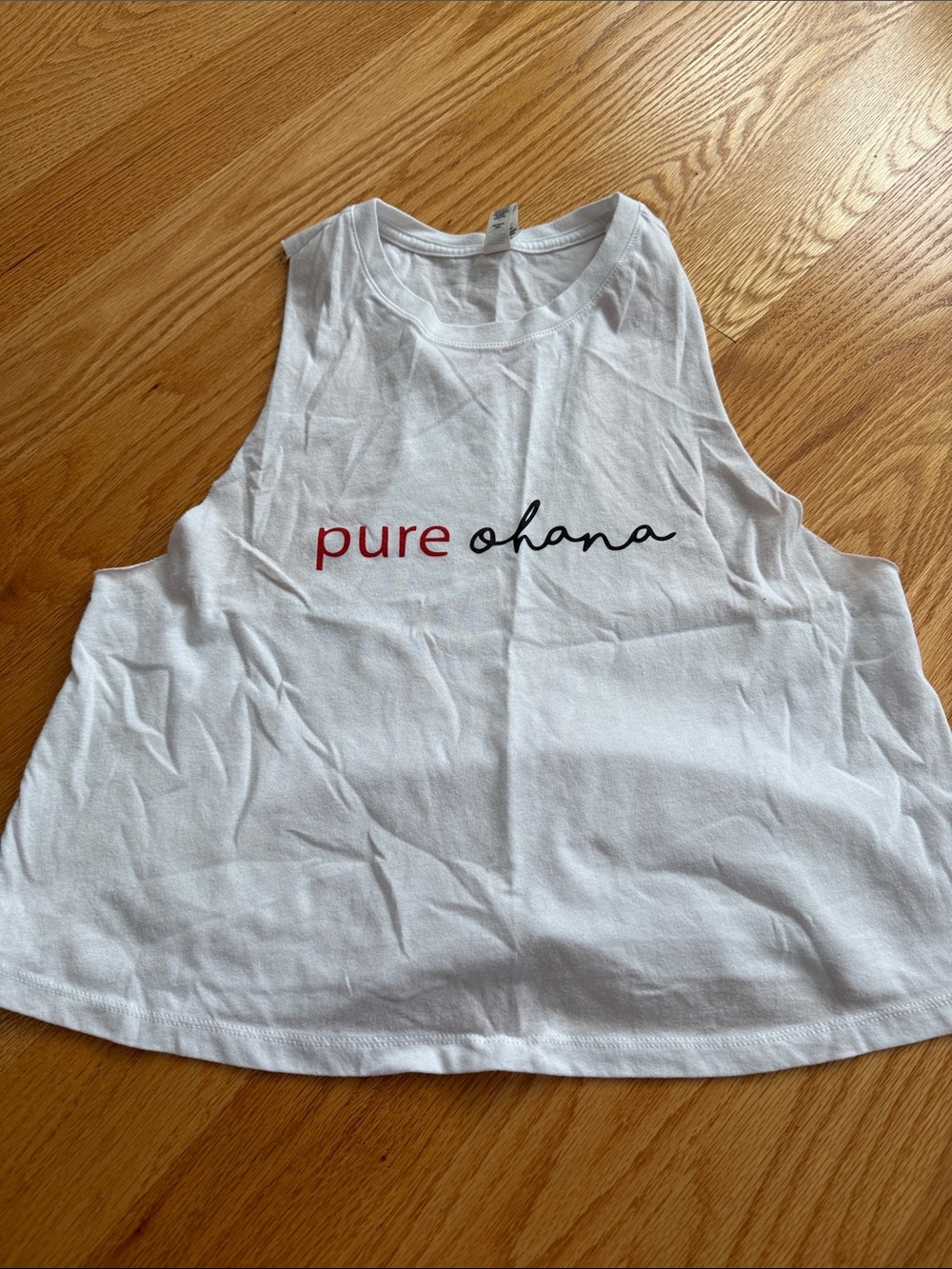 Pure Barre White Tank Top with Red and Black 'pure ohana' Print